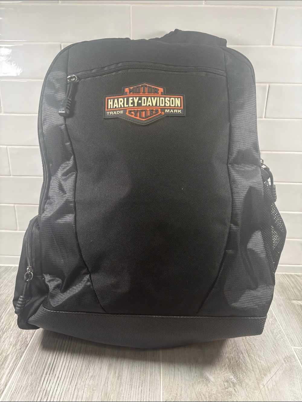 Harley Davidson Black Backpack Orange Bar Shield Logo Biker Daypack